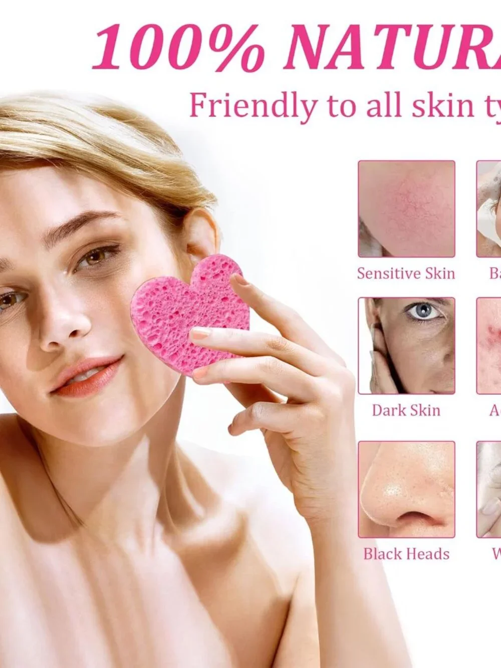 50-Pack Heart-Shaped Facial Reusable Natural Cellulose Cleansing Sponges